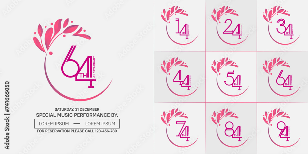 set of anniversary logotype pink color with swoosh and ornament for special celebration event
