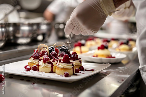 Pastry chef is completing a dessert in a hotel or restaurant