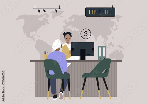 Consultation Hour, Senior Client Receives Financial Guidance at Local Bank Branch, an elderly customer engages with an employee at a service desk