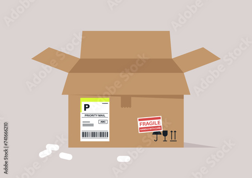 An open, empty cardboard box marked with priority and fragile labels