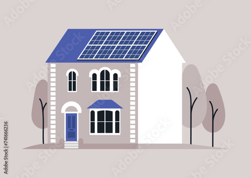 Sun-Powered Abode, A contemporary two-story house equipped with solar panels