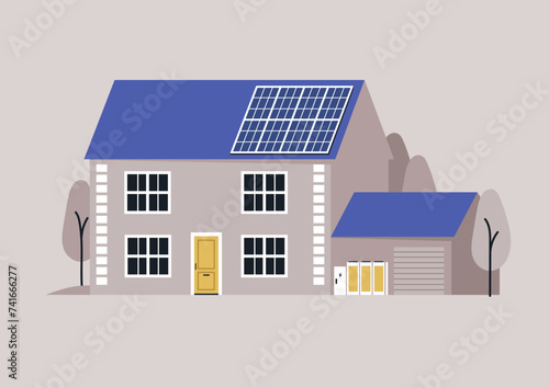 Sun-Powered Abode, A contemporary two-story house equipped with solar panels
