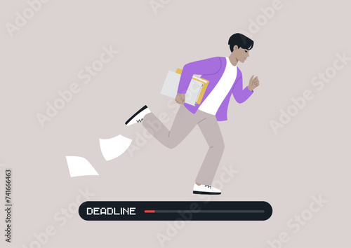 Sprinting Against Time, A Race to Beat the Deadline, A determined person hastens forward, papers in hand, as the progress bar ticks down