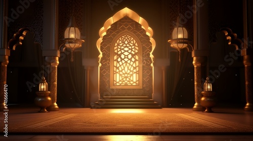 3D rendering of a beautiful illuminated mosque door in the evening.