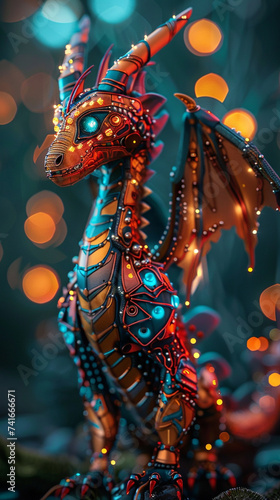 Synthetic dragon with augmented intelligence soft lighting solving puzzles ready for stock images