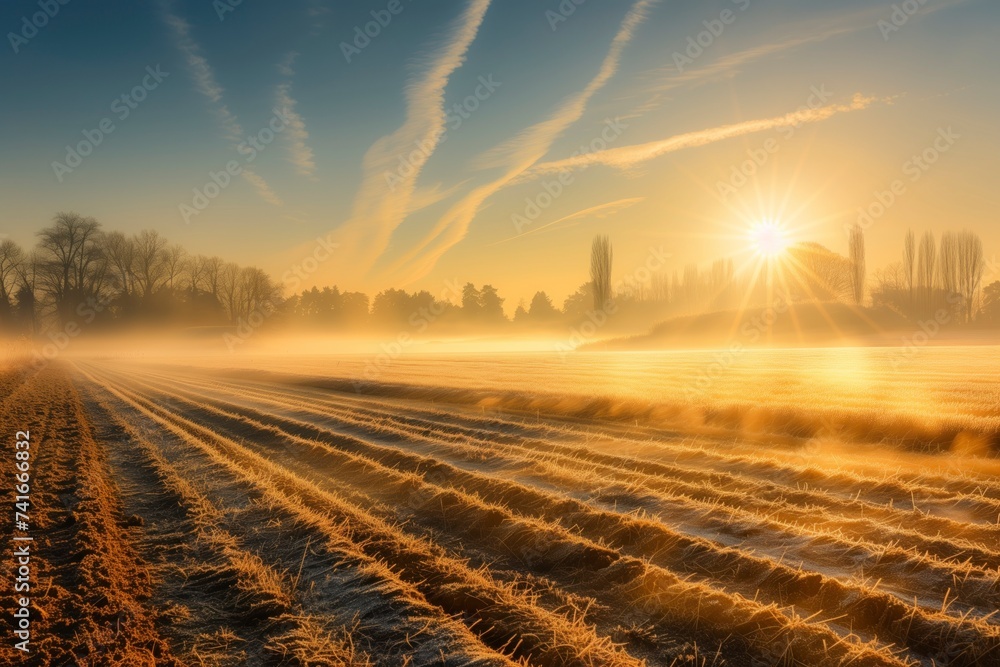 A mystical field shrouded in foggy mist, with a winter sunrise casting a warm glow upon the tranquil landscape of towering trees and golden grass