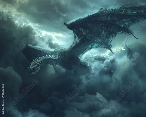 Artificial dragon flying through a tech enhanced storm soft lighting dramatic scene stock photo