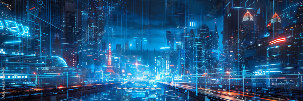 A futuristic landscape pulsating with neon blue energy, depicting the intersection of technology and global interconnectedness.
