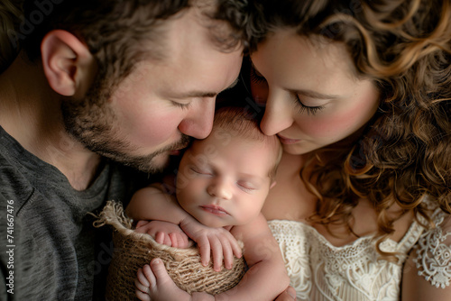 Portrait of parents and newborn baby. Father and mother