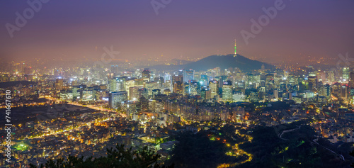 Aerial view of Seoul downtown at night, South Korea. photo