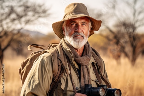 Senior man with backpack and binoculars in the Okavango Delta, Botswana.
