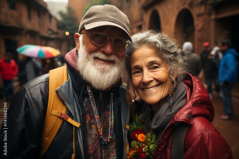 Happy retired senior couple with icecream in city. Fun travel activity