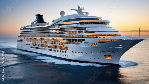 Luxury cruise ship sailing from port on sunrise.