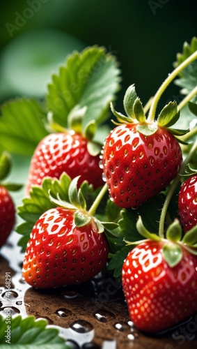 Ripe strawberries and vibrant leaves with sparkling water droplets are resting in a dark bowl.