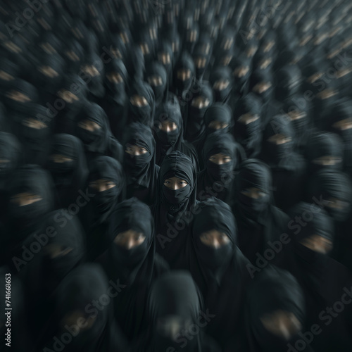 a large group of Japanese woman in black ninja hoods ready to fight. Generative AI.