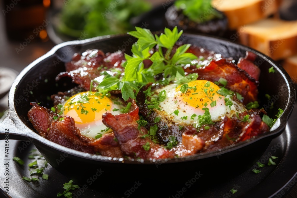Close-up shot of sizzling bacon and eggs, perfect for breakfast concept or food photography