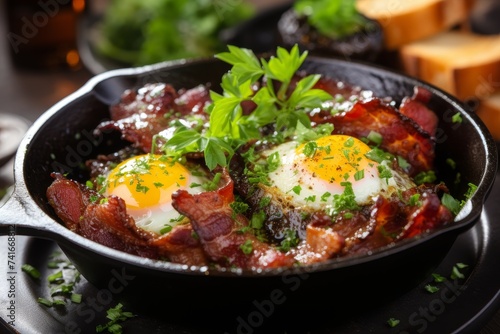 Close-up shot of sizzling bacon and eggs, perfect for breakfast concept or food photography