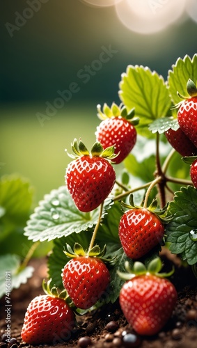 Fresh Strawberries With Dew Drops on a Lush Green Plant in a Ceramic Bowl