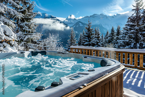 ski resort in the mountains. a hot tub with spa near a snow environment