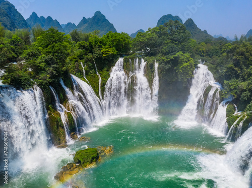 Aerial view of Detian Transnational Waterfalls along the river at Moon Hill Yangshuo valley, Chongzuo City, Yangshuo County, Guilin, Guangxi Zhuang Autonomous Region, China. photo