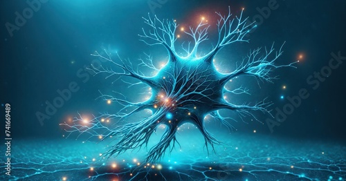 Neurons and Microglia. Microglial cells are the most prominent immune cells of the central nervous system (CNS). Interconnected neurons cells with electrical pulses. Glowing synapse. Hologram view.