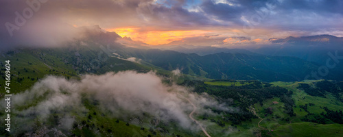 Aerial view of beautiful mountain landscape at sunset in Karachay-Cherkess, Elbrus, Khabaz, Kebardino Balkaria, Caucasus, Russia. photo