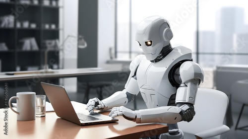 Robot working on a laptop in an office. Artificial Intelligence and Innovation at work. 