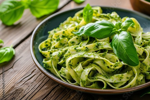 delicious tagliatelle with basil pesto sauce on a wooden table