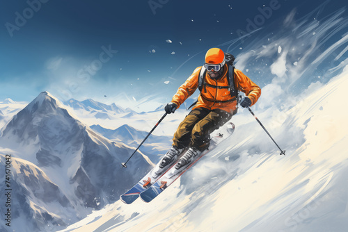 Skier skiing downhill in high mountains in winter  illustration generative ai