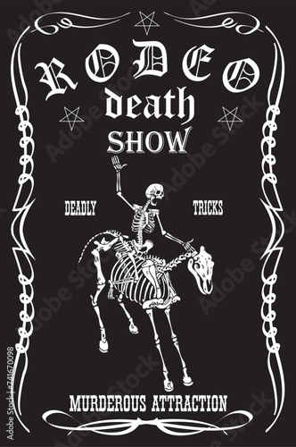 vector image of cowboy skeleton on horse skeleton in rodeo poster style cartoon graphics	