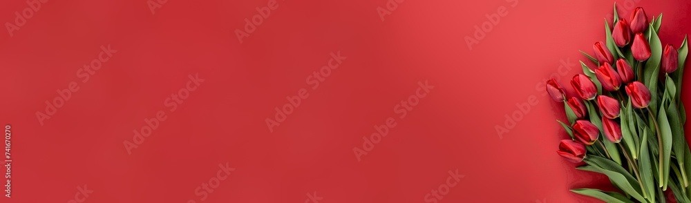 bouquet of red tulips in the corner on a red background, top view bouquet of red tulips in the corner on a red background, top view