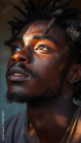 Attractive African American man portrait. Handsome smiling black guy look at camera. Happy mixed race person face. Young adult teenager. Cool stylish teen. Fashionable ethnic 20s student. Home indoor.