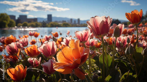 Champs de fleur, de tulipe, au bord d'un lac. Paysage de printanier. Fleurs colorées, ciel bleu. Printemps et été. Pour conception et création graphique photo