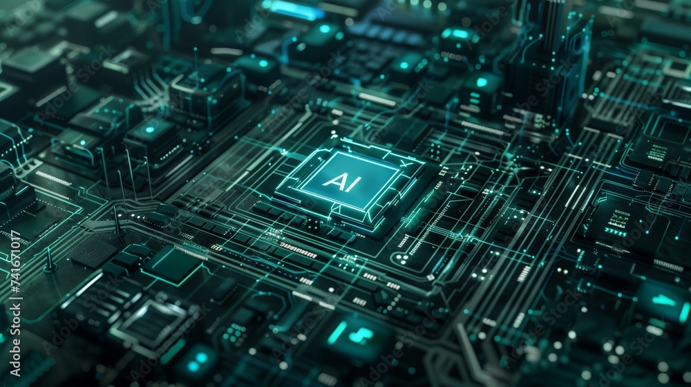 A cutting-edge microchip emblazoned with the title AI symbolizing advanced artificial intelligence technology, typically used in machine learning and computing applications.