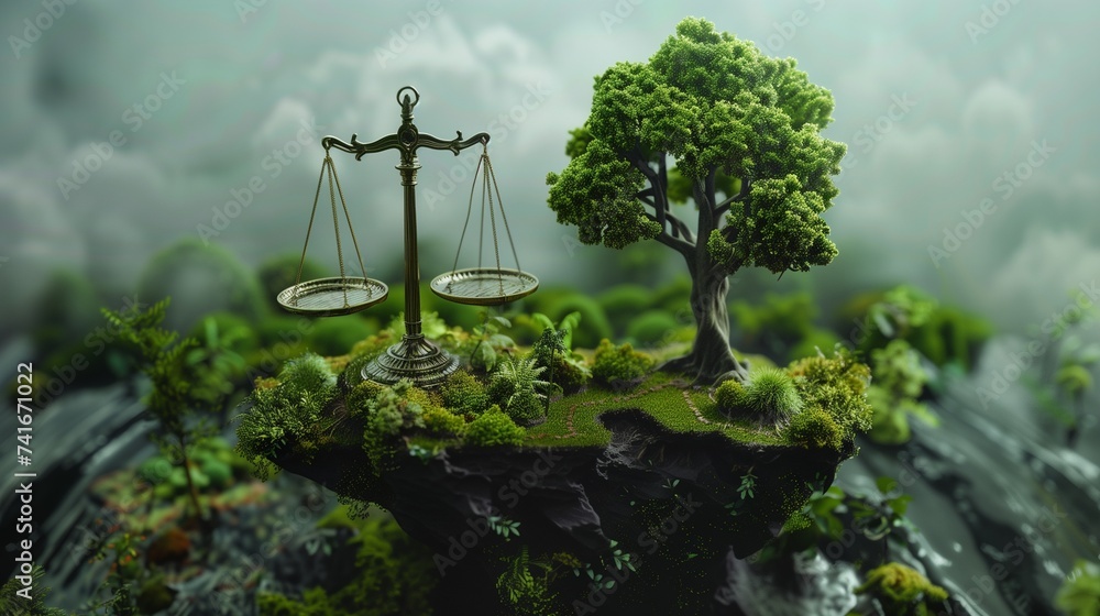 Law and justice in relation to environmental and ecological protection, symbolizing the financial aspects and investments in green legal practices. - obrazy, fototapety, plakaty 