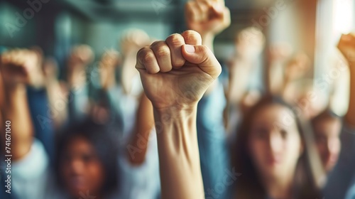 Stand together with fists raised high in a powerful gesture of solidarity and determination, symbolizing their collective struggle for equality and justice. photo
