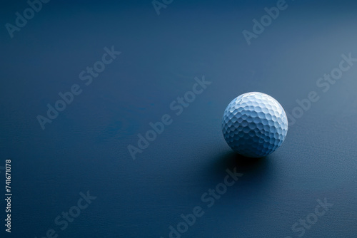 Stylish golf ball isolated on empty dark blue background  close up shot with blank space for text.