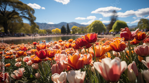 Champs de fleur, de tulipe, au bord d'un lac. Paysage de printanier. Fleurs colorées, ciel bleu. Printemps et été. Pour conception et création graphique