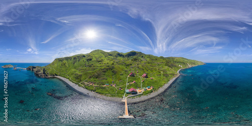 Aerial panoramic view of the coastline on Ostrov Moneron island, Nevelsk, Sakhalin Oblast, Russia. photo