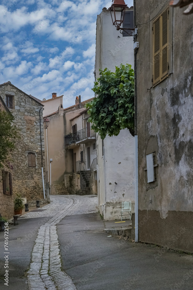 Piana village in Corsica, old houses, in a typical street

