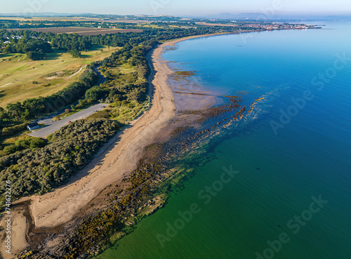 Aerial drone view of Longniddry Bents, East Lothian, Scotland, United Kingdom.