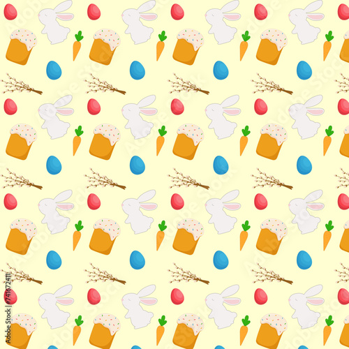 easter seamless pattern, pattern with easter bunny, eggs and pastries