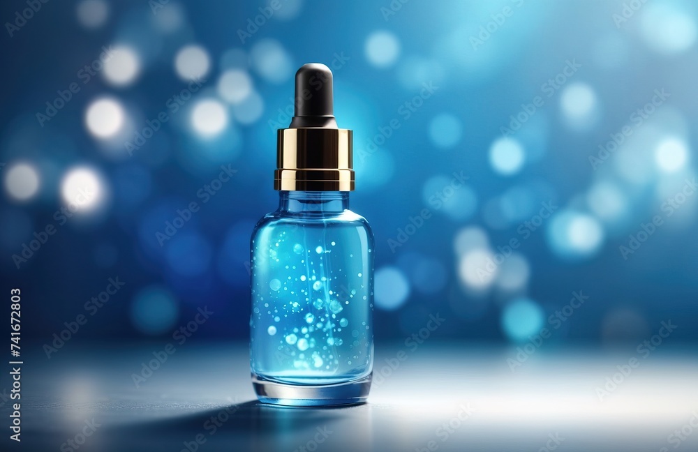 Dropper bottle of serum mockup on an abstract blue background Dropper bottle of serum mockup on an abstract blue background