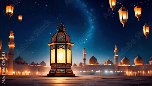 Ornamental Arabic lantern with burning candle glowing at night and glittering golden bokeh lights. Festive greeting card photo