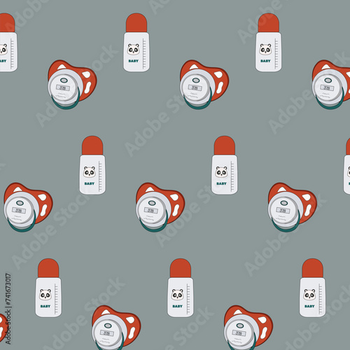 baby pattern with bottles, pacifier, textile factory seamless pattern, newborn bottle, baby pacifier