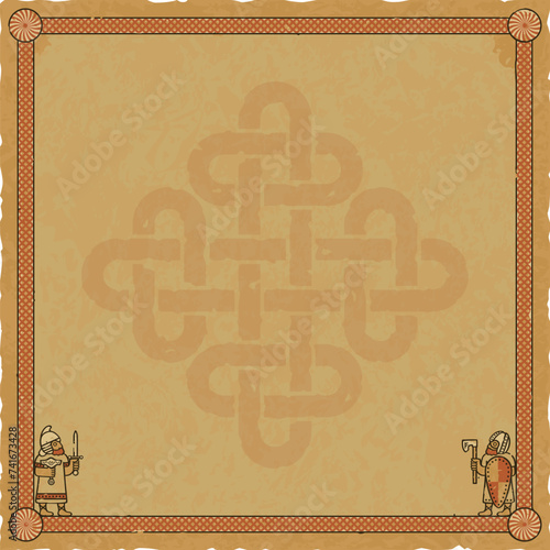 Square Parchment with Viking Warriors, Norse Frame, Diamond Celtic Knot