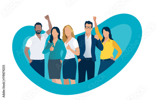The team stands in the OK sign and shows a gesture of joy and success. Vector illustration