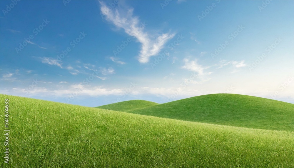 Landscape view of green grass field with blue sky background. 