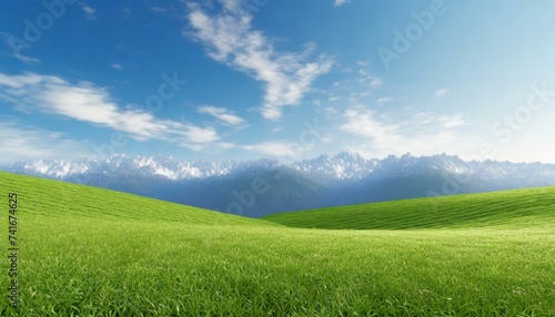 Landscape view of green grass field with blue sky background.