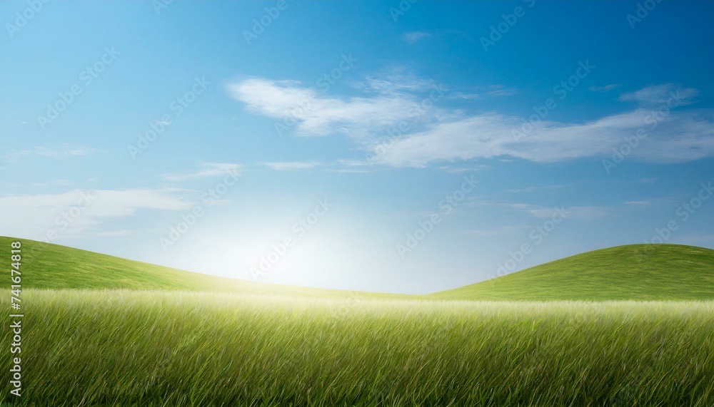 Landscape view of green grass field with blue sky background. Landscape view of green grass field with blue sky background.